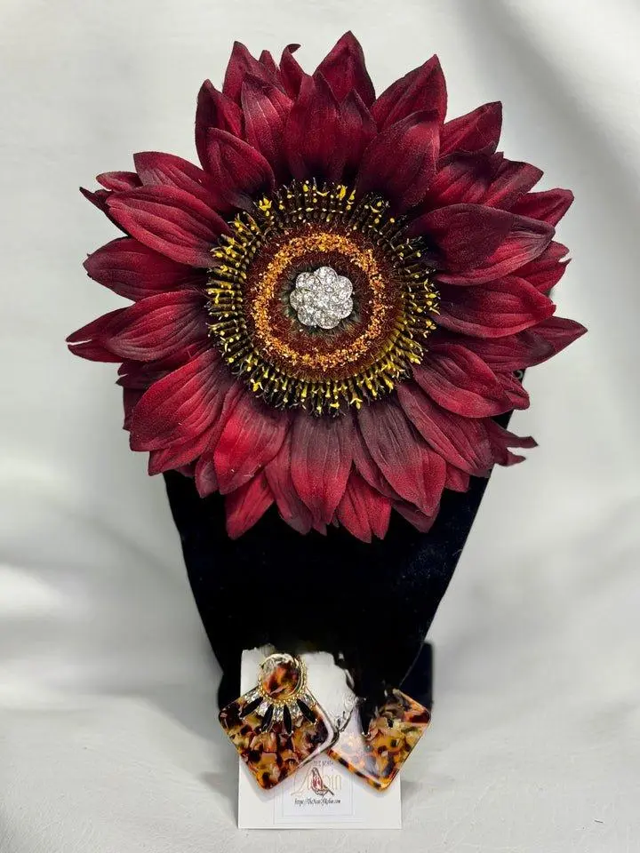 "Crimson Radiance" Floral Brooch & Earrings Set - Handcrafted Burgundy Crystal Bloom & Tortoiseshell Earrings