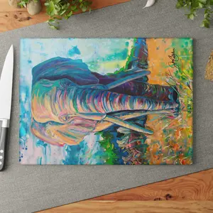 Elephant Journey Painting Glass Chopping Board - Kitchen-Friendly, Decorative Dish Hot Plate, 8x11 or 11x15 Sizes for Knives Use