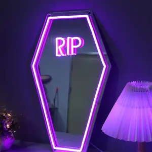 LED-Lit Makeup Mirror With RIP Tombstone Design, No Risk of Glass Shattering, Adjustable Light Brightness, Cool Purple Lighting Effect, Bedroom Lighting Mirror Neon Sign for Interior Decoration, Creative Birthday Gift.