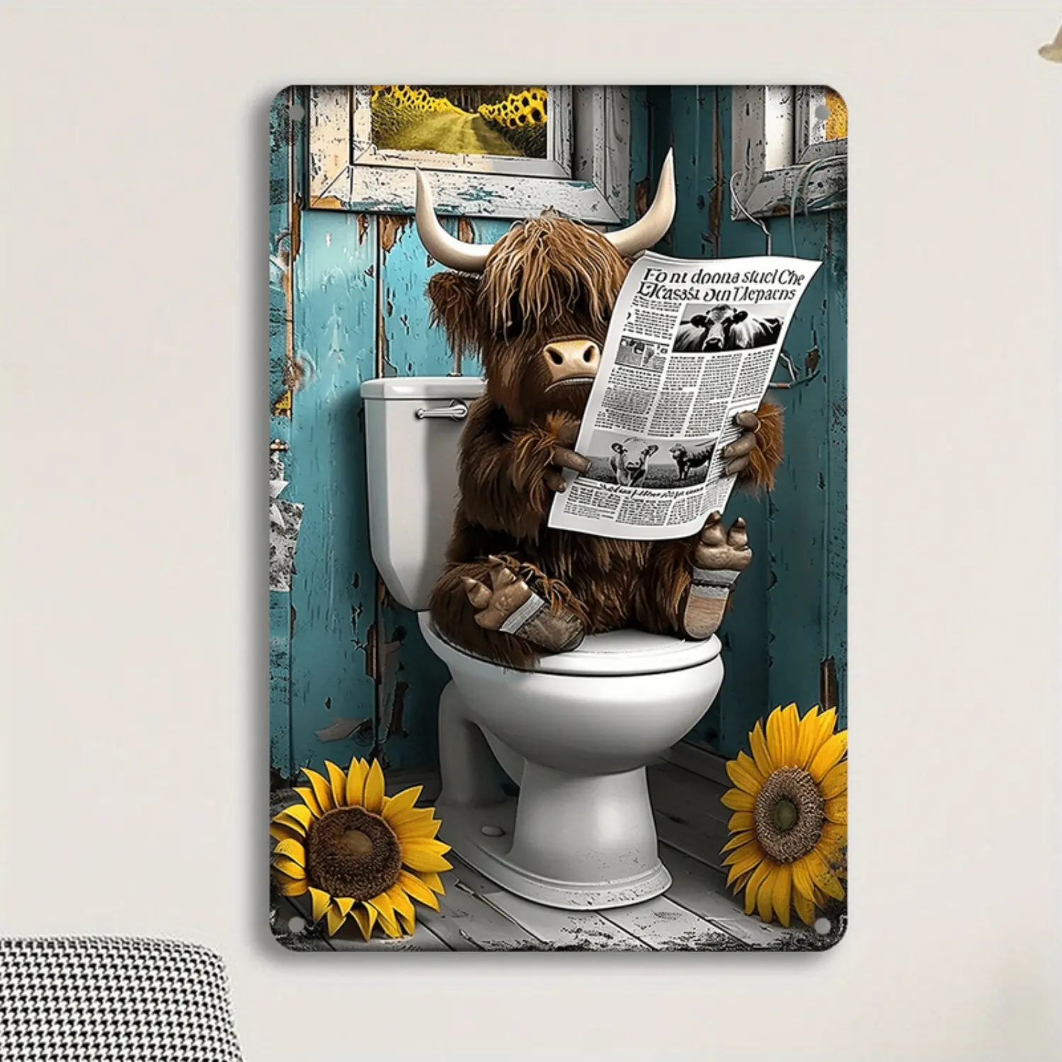 Vintage Highland Cow T-Shirt And Metal Wall Art Set For Home Bar Cafe Decor