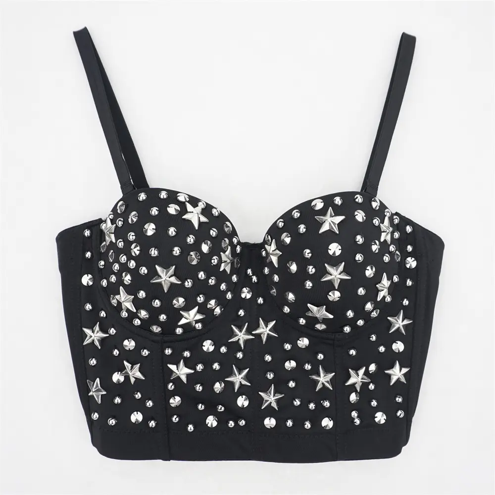 Star Studded Silver Rivet Strapless Bustier - Korean Style Push Up Underwire Corset Top for Outerwear  Top with Rhinestones Tropical Graphic Women's Tank Sweetheart Neck Pleated Crop Top