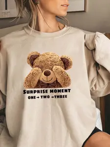 Teddy Bear Surprise Animal Letter Print Fleece Pullover Sweatshirt, Retro Casual Holiday Hoodie for Fall & Winter, Loose Fit Design