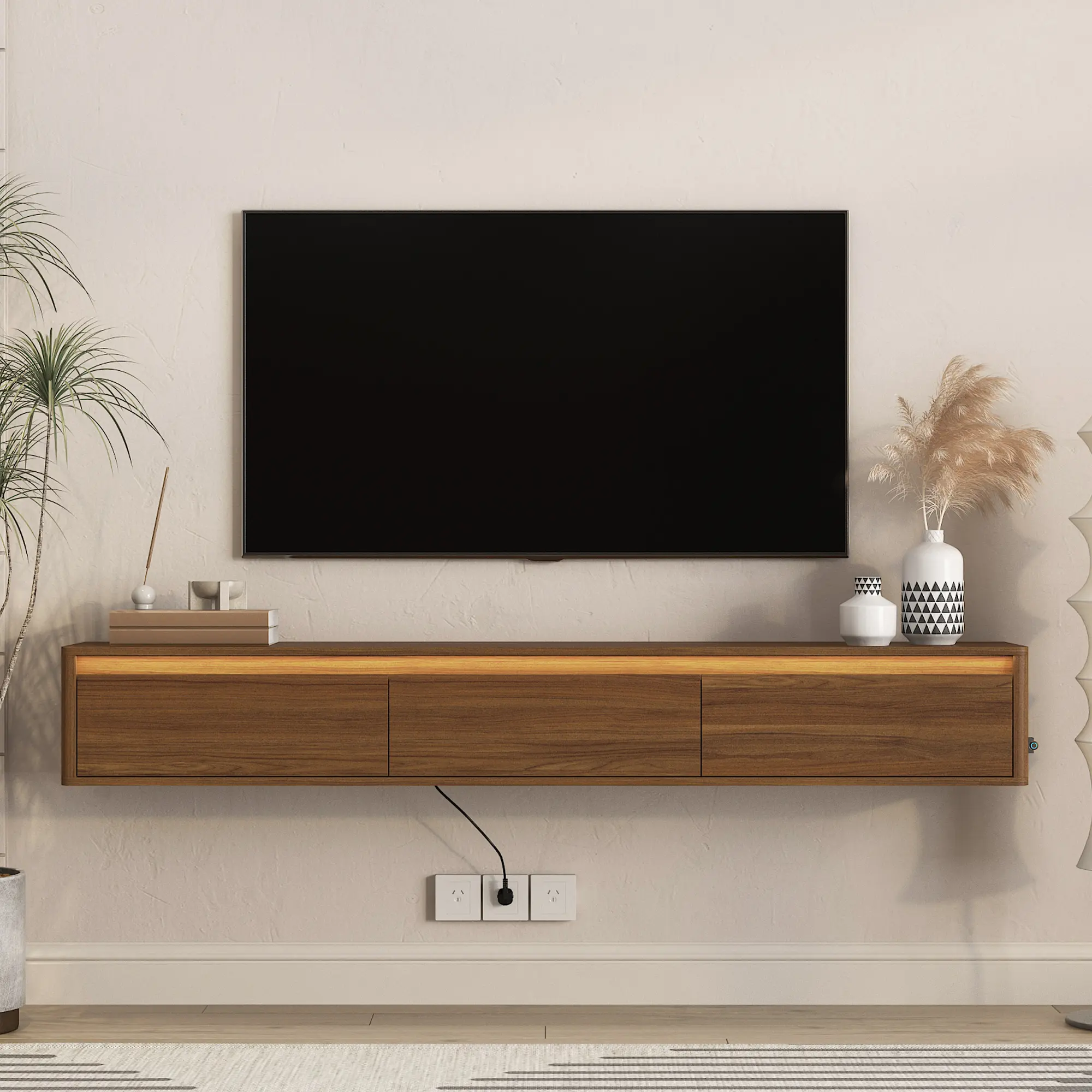 69" Floating TV Stand, Wall Mounted TV Shelf with Led Lights & Power Outlet,High Gloss TV Cabinet for tv Stands for Living Room