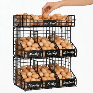 3 Tier Stackable Egg Holder for Countertop - XXL Egg Rack with Label Dividers, Wall Mountable Wire Egg Dispenser for Fresh Egg Storage (Patent Pending)