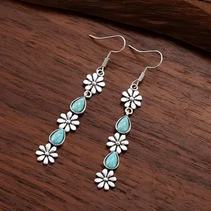 A Pair of Turquoise Drop Earrings with Western Floral Designs, Elegant Long Bohemian Earrings, Perfect for Women'S Vacation Or Everyday Wear, a Great Gift