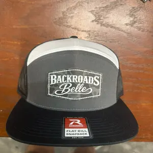 Richardson 168 Flatbill Snapback Hat with Backroads Belle Logo Gray and Black Trucker Cap