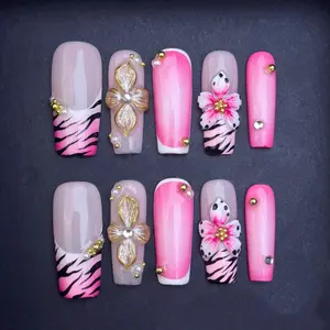 Pink Zebra Luxe Press-On Nails Single Item - 3D Flower, Glam French Tips, Luxury Barbie Tropical Handmade Set, Bold Feminine Statement, Zebra Print & Pink Gloss