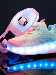 16 Color Modes USB Rechargeable LED Roller Shoes for Boys Girls, EUR 28-40 Rotary Buckle Breathable Mesh Light Up Wheels Sneakers, Kids Teens Luminous Roller Skates Shoes, Single Double Wheels Heelys for Outdoor Sports, Birthday Gifts for US EU KSA JP