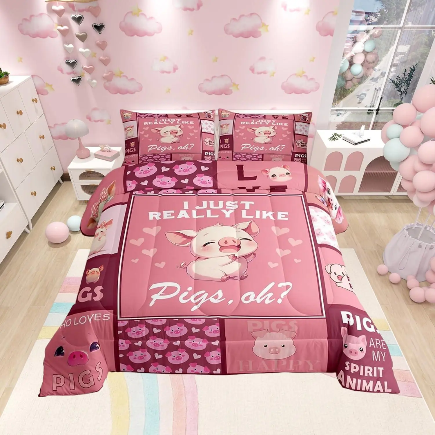 Pink Pigs Comforter Set,Cute Pig Pattern Bedding Set Bedroom Decoration,Animals Grid Printing Bed Duvet Insert,Lovely Pink Comforter