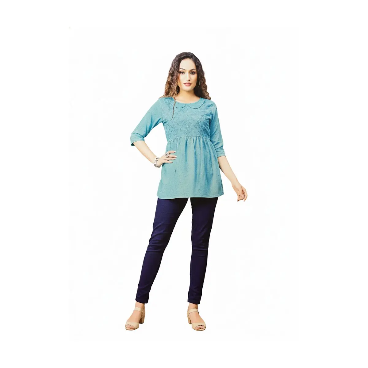 AR-4008 Teal Lace Empire-Waist Tunic Top – Women’s 3/4 Sleeve, Peter Pan Collar