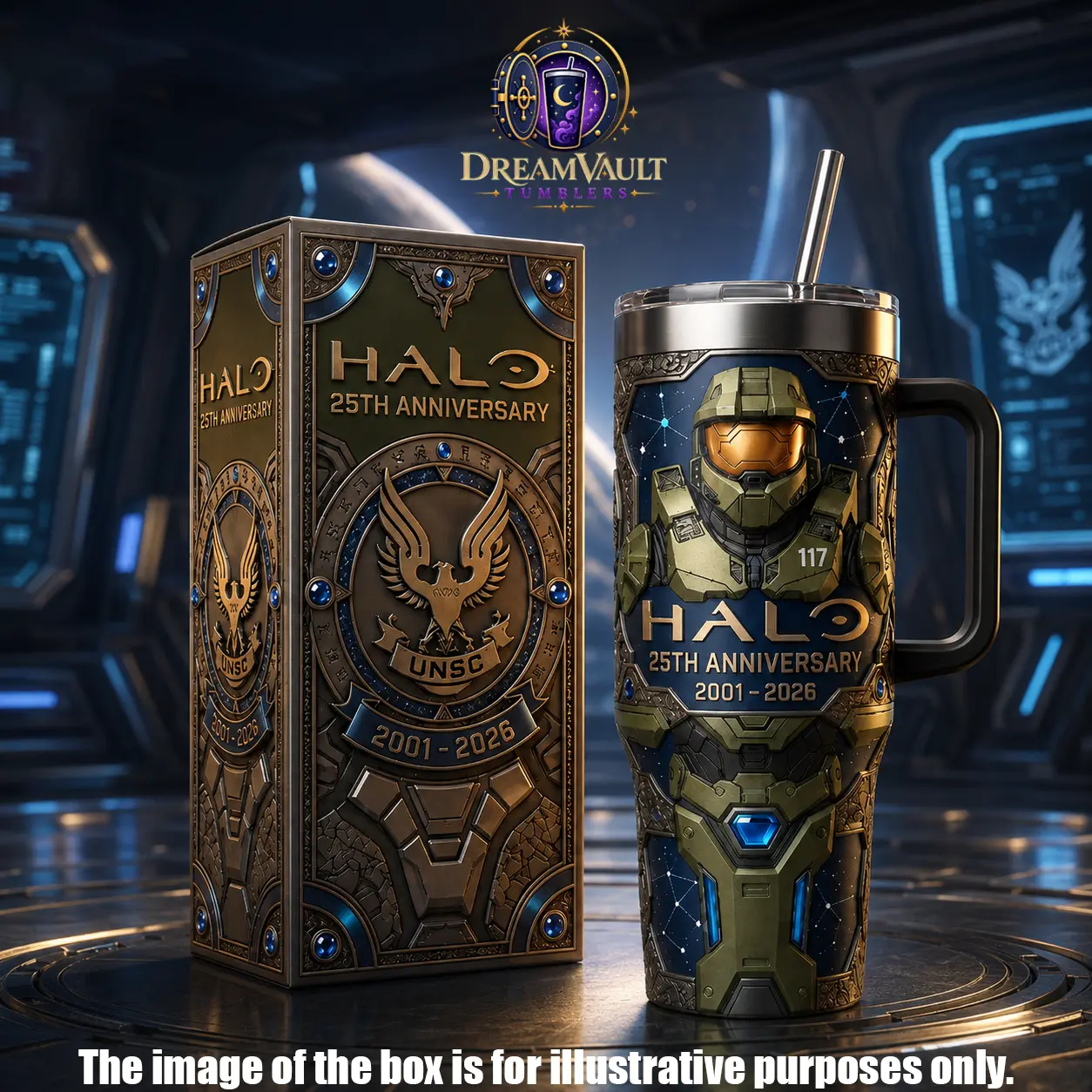 DreamVault Halo 25th Anniversary 40oz Tumbler with Handle & Straw, 2001-2026 Master Chief Stainless Steel Insulated Travel Mug, Gaming Collector Cup, Halo Fan Gift