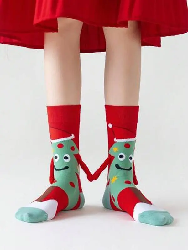 1pair Christmas Style Magnetic Couple Socks, Cute Stick Together Socks, White Crew Socks