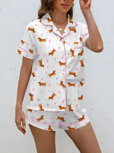 Women's Spring Summer Set, Cute Sausage Dog Pattern, Romantic Valentine Gift, Comfortable Shirt & Elastic Shorts, Casual Home Wear