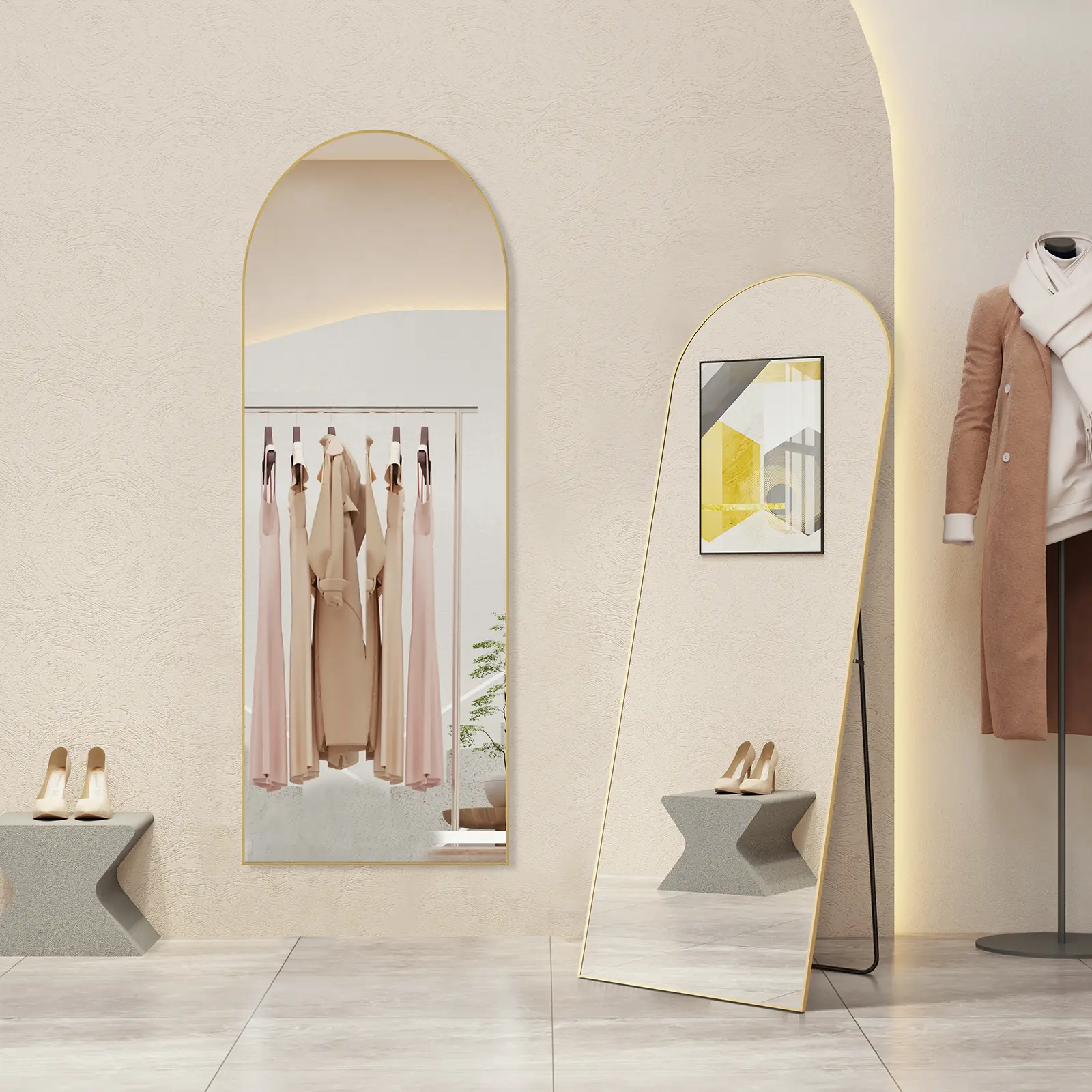 Full Length Mirror, Floor Standing Mirror with Stand, Wall Aluminum Alloy Thin Frame Hanging or Leaning for Living Room Bedroom Cloakroom decorating