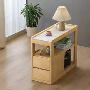 Mobile Solid Wood Sofa Side Table with Wheels