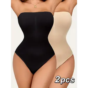 2-Pack Seamless Strapless Bodysuits for Women - High Support, Tummy Control, Knit Fabric, Solid Color, Breathable & Stretchy Shapewear
