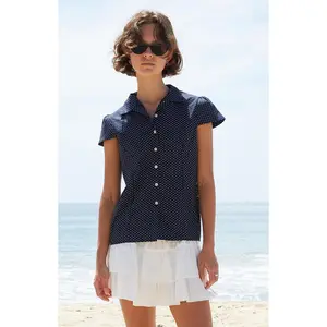 John Galt Women's Navy Polka Dot Rue Collared Top