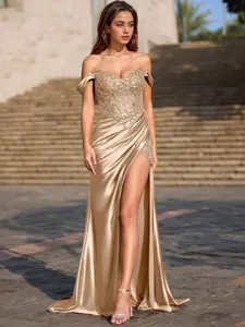 Azazie Opulence 3D Floral Beaded High Slit Prom Evening Train Stretch Satin Dress