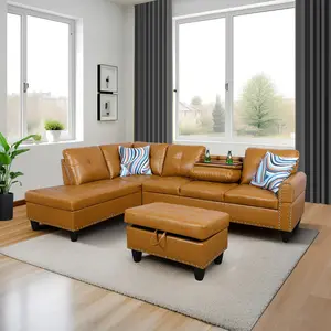 3-Piece  Comfy Ginger Faux Leather Sofa Set, Breathable Upholstered Living Room Couch, Durable & Stain-Resistant Furniture for Family, Easy Assembly L Shaped Sofa