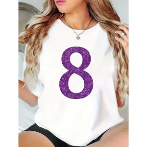 Women's White T-Shirt with Purple Glitter Number 8 | Casual Daily Wear, 8th Birthday Party, International Women's Day Outfit