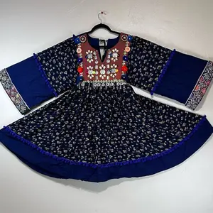 Women's Traditional Elegant Cotton Soft Short Blue Afghan Dress - Formal Party Wear Womenswear with Beading Details