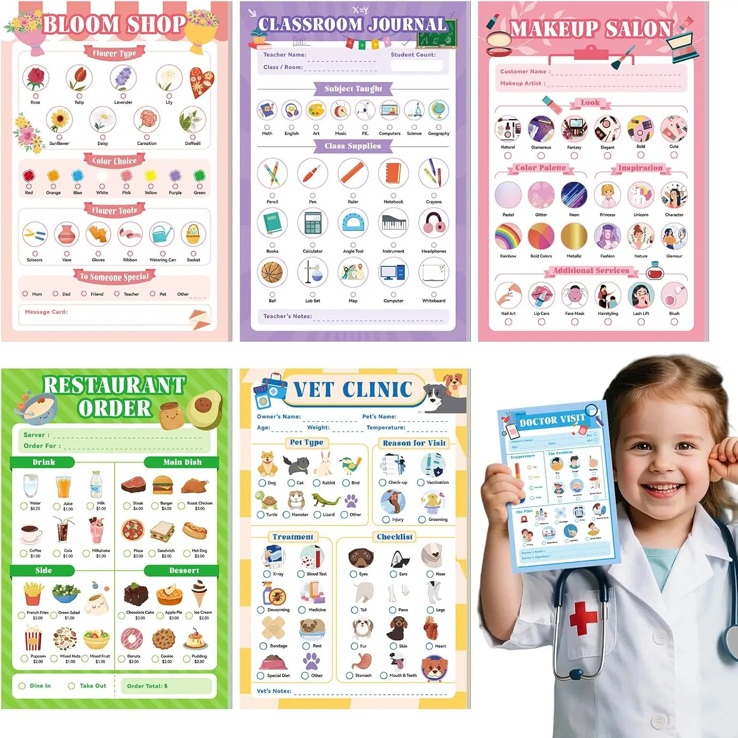 6 Pack  Pretend Play Notepads, 40 Pages  Playtime Pads, 4'' x 6'' Girls Theme Imaginative Role Play Activity Pads