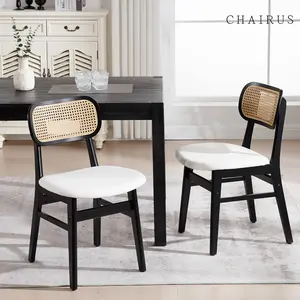 CHAIRUS  Rattan Dining Chairs Set of 2 Farmhouse Cane Back Dining Room Chairs Mid Century Kitchen Chairs with Black Wood Frame Linen Upholstered Side Chairs for Kitchen, Restaurant, Dining Room, Bistro, Beige