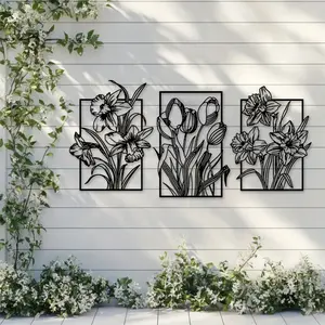 Tulip metal wall decoration 3-piece set, Art wall decoration, spring flower bohemian style home wall sculpture, kitchen flower decoration, flower gift for her, bedside decoration, housewarming/wedding/holiday decoration gift 40.01 * 27.89cm