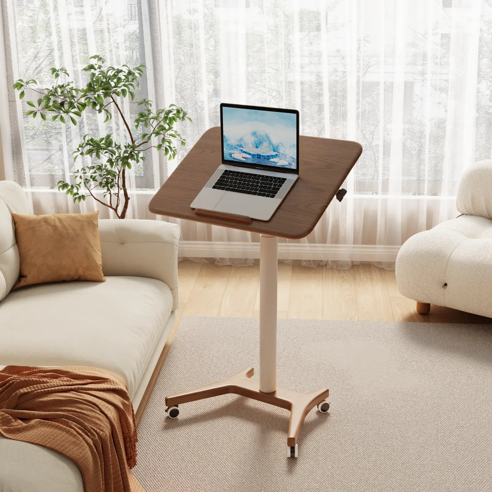 【Summer】TimberKnows Adjustable Rolling Desk with Wheels, Height Range 30.9"-46", Solid Wood Top, Modern Walnut Style, Ideal for Home Office, Study, or Crafting Use