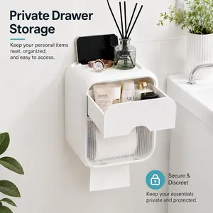 Wall Mounted Toilet Paper Holder with Shelf & Drawer, Waterproof Bathroom Tissue Box Organizer, No-Drill Installation, Multifunctional Home Bathroom Supply
