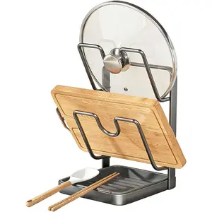 Kitchen Pot Lid Storage Rack, Stainless Steel Pot Lid Holder While Cooking & Spoon Rest, Multifunctional Pot Lid Organizer, Pan Lid Organizer with Removable Drip Tray for Countertop, Space-Saving Lid Rack, Lid Storage Solution, Utensil