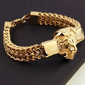 Trendy domineering lion head animal bracelet men's stainless steel braided chain wristband bracelet hip-hop jewelry