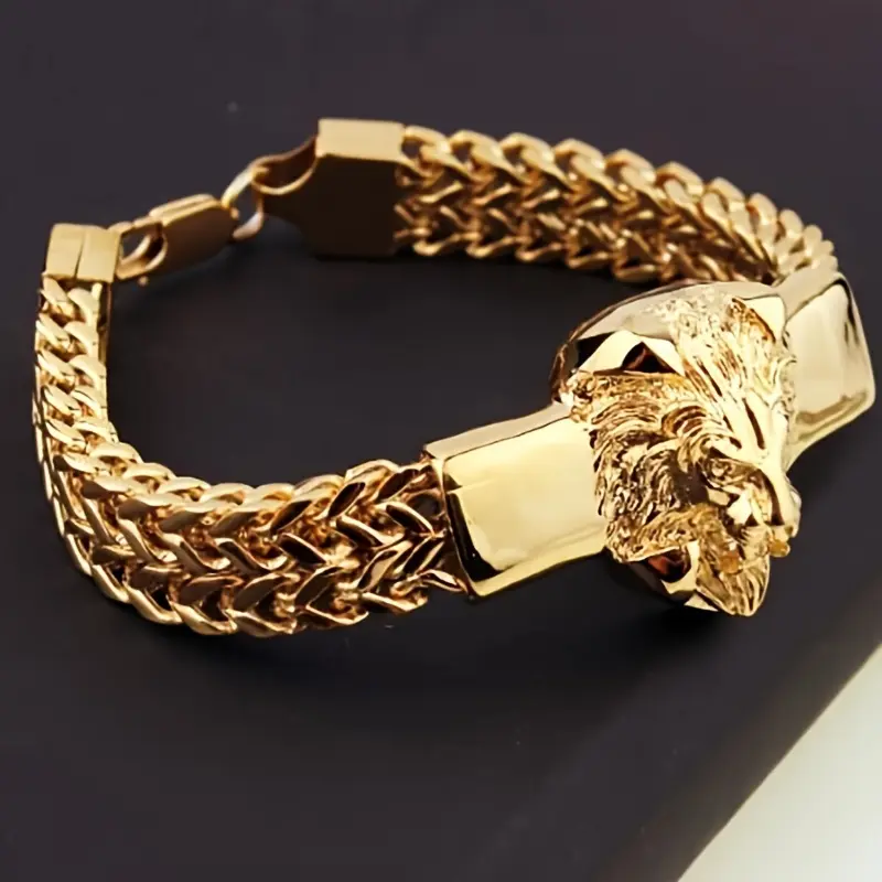 Men's Stainless Steel Braided Chain Bracelet, Gold Plated Exquisite Trendy Domineering Lion Head Animal Wristband, Hip-Hop Fashion Costume Jewelry Accessory, Gold Plated Bracelet, Exquisite Trendy Bracelet