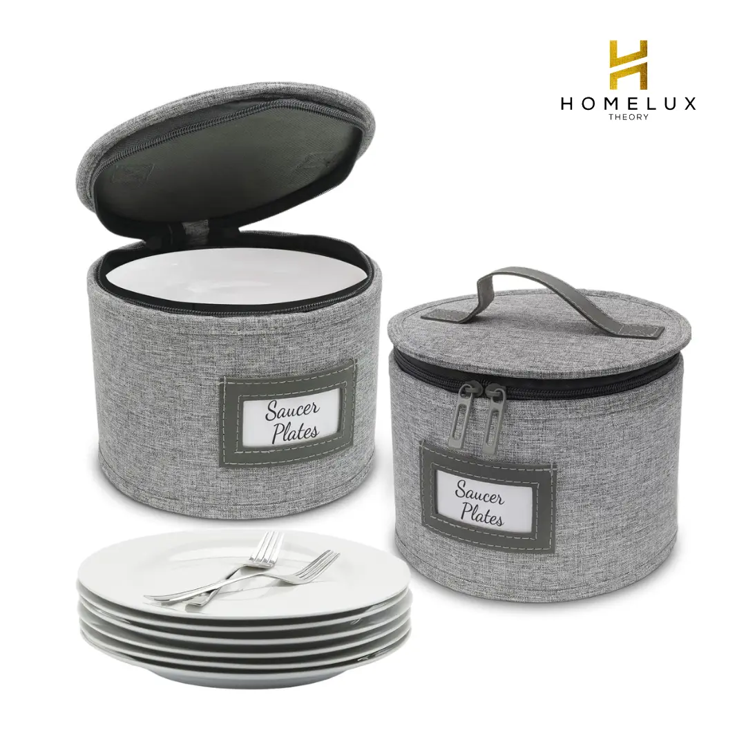 HOMELUX THEORY Saucer Storage with Lid, 2pcs Hard Shell Storage Containers, Heavy Duty Dinnerware Storage Box with 24 Felt Pads and Thick Surface for Dishes and Dinner Plate, Move Out Essentials
