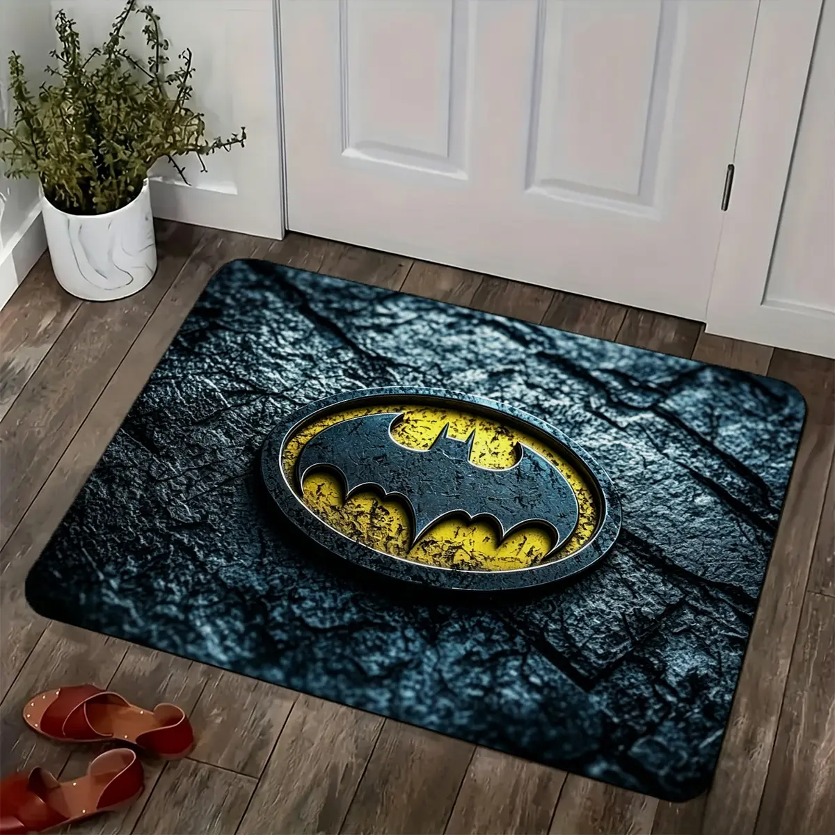 Justice League Vintage Cracked Stone Batman Emblem Flannel Anti-Slip Doormat, Indoor Home Bathroom Decor for WB Fans