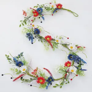 150cm/59 Inch Patriotic Wildflower Garland - Faux Red White Blue Daisy Cornflower Vine for Spring Wedding, Farmhouse Table Runner, Mantel, Staircase, 4th of July Decoration, Indoor Outdoor
