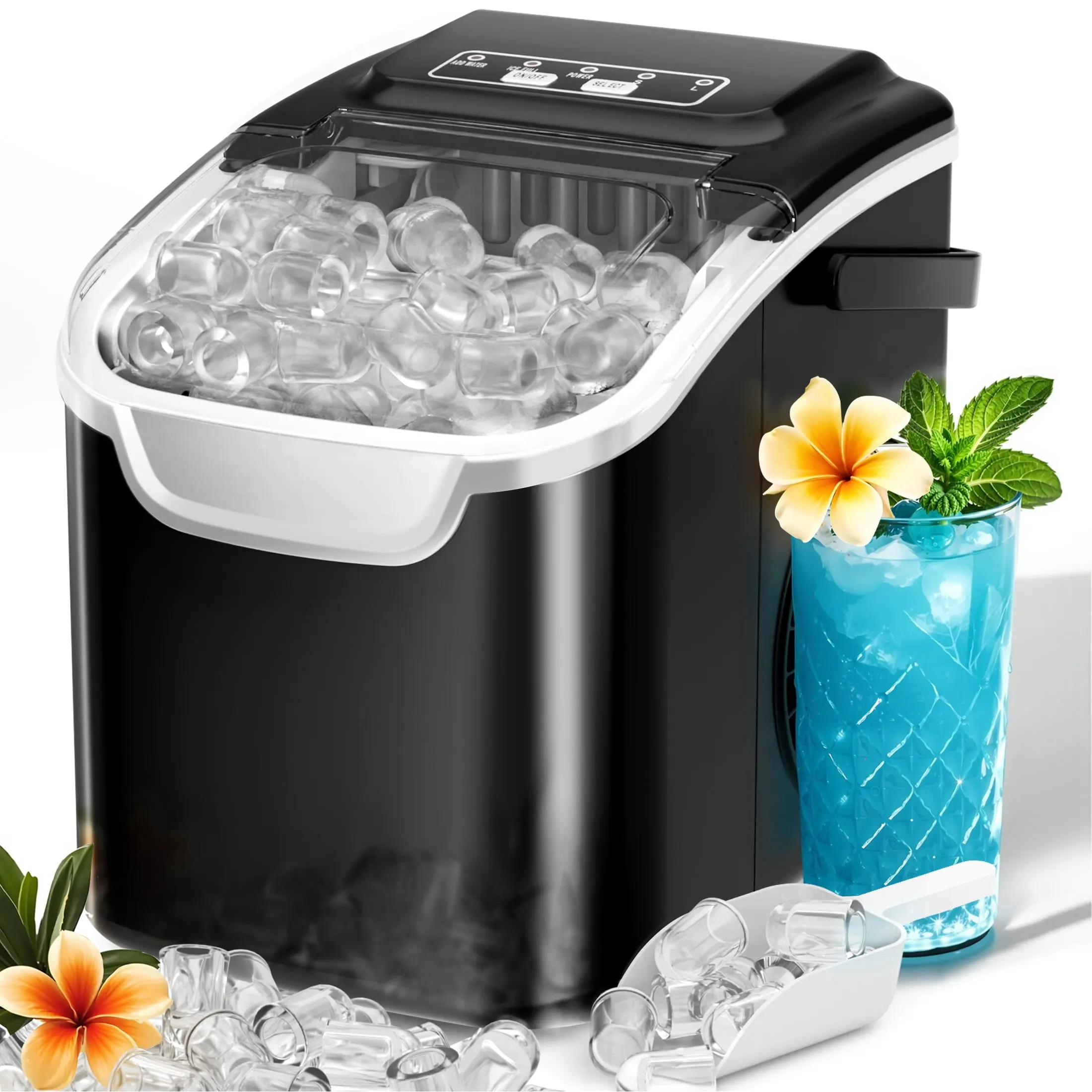 Portable Countertop Ice Maker with 2 Bullet Ice Sizes, 26 lbs Daily Capacity, 8 Ice Cubes in 6 Minutes, Self Cleaning Ice Machine for Home, Kitchen, Office, Camping and Parties