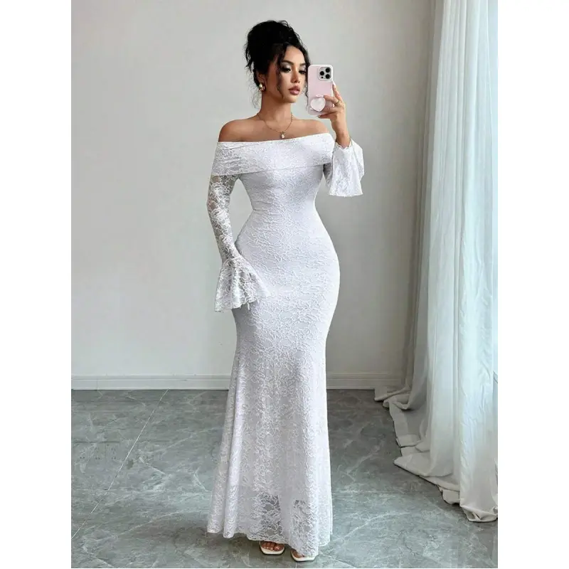 Elegant Fashion Young Minimalist Versatile Fitted Off Shoulder Flared Sleeve Mermaid Midi Dress For Women, Autumn Fabric Formal - TikTok Shop Elegant Fashion Young Minimalist Versatile Fitted Off Shoulder Flared Sleeve Mermaid Midi Dress For Women, Autumn Fabric Formal - TikTok Shop