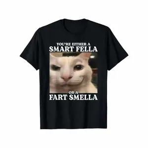 Funny Cat Meme T-Shirt - "You're Either Smart or Stinky" Humorous Graphic Tee with Design, 100% Cotton Unisex Sizes S-XXXL, Machine Washable Round Neck Casual Shirt for Men & Women, Black with White Text, Cat Tshirt, Allseason Apparel Menswear Top
