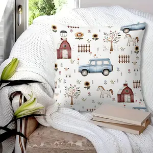 Healing Farm Style Print Throw Pillow with Insert, 45cm Square Pillow with Zipper, White and Watercolor Farm Elements, Soft Polyester Fiber, Bedroom and Sofa Cushion, Warm Pastoral and Childlike Home Decor