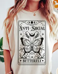 Anti Social Butterfly Tarot Moon Phase Vintage Line Art Women's Cream Short Sleeve Casual T-Shirt/Introvert Gift T-Shirt, Retro Tarot Card Moon Phase Butterfly Gothic Oversized Neutral Casual Top