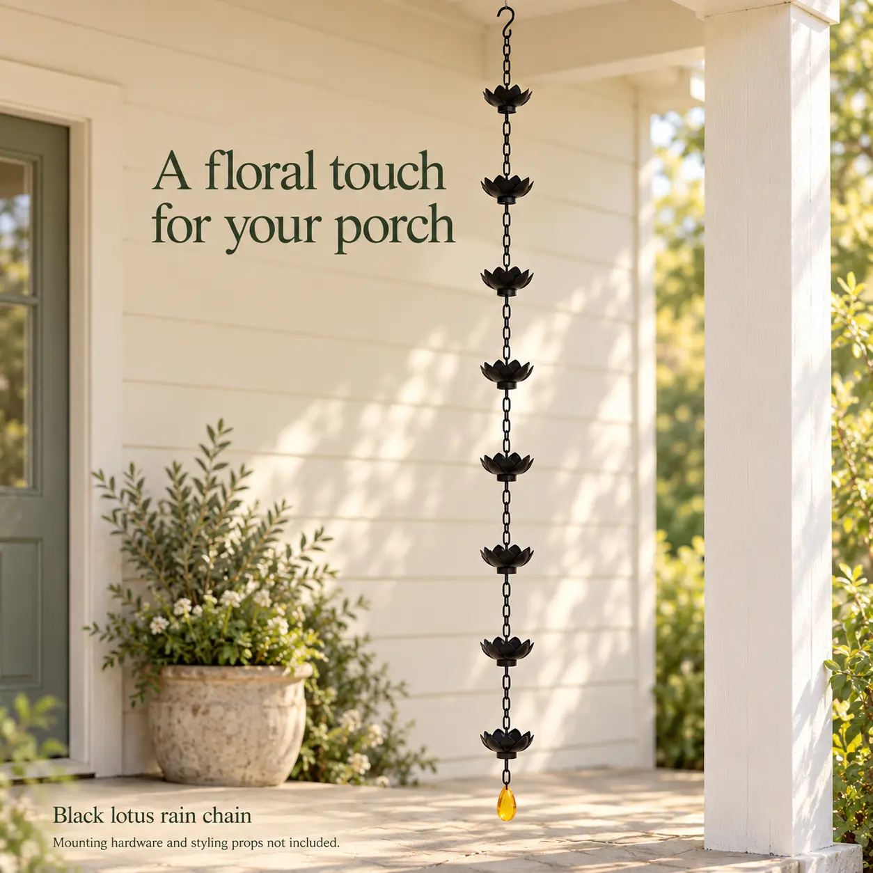 Black Lotus Rain Chain, 74.8-Inch, 8 Painted Iron Cups with S-Hook and Amber-Color Plastic Pendant, Hanging Garden Decor