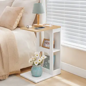 HOOBRO C-Shaped End Table with Charging Station & Storage, Slim Side Table for Small Spaces, Modern Couch Table for Living Room, Bedside Table, Nightstand, White and Natural