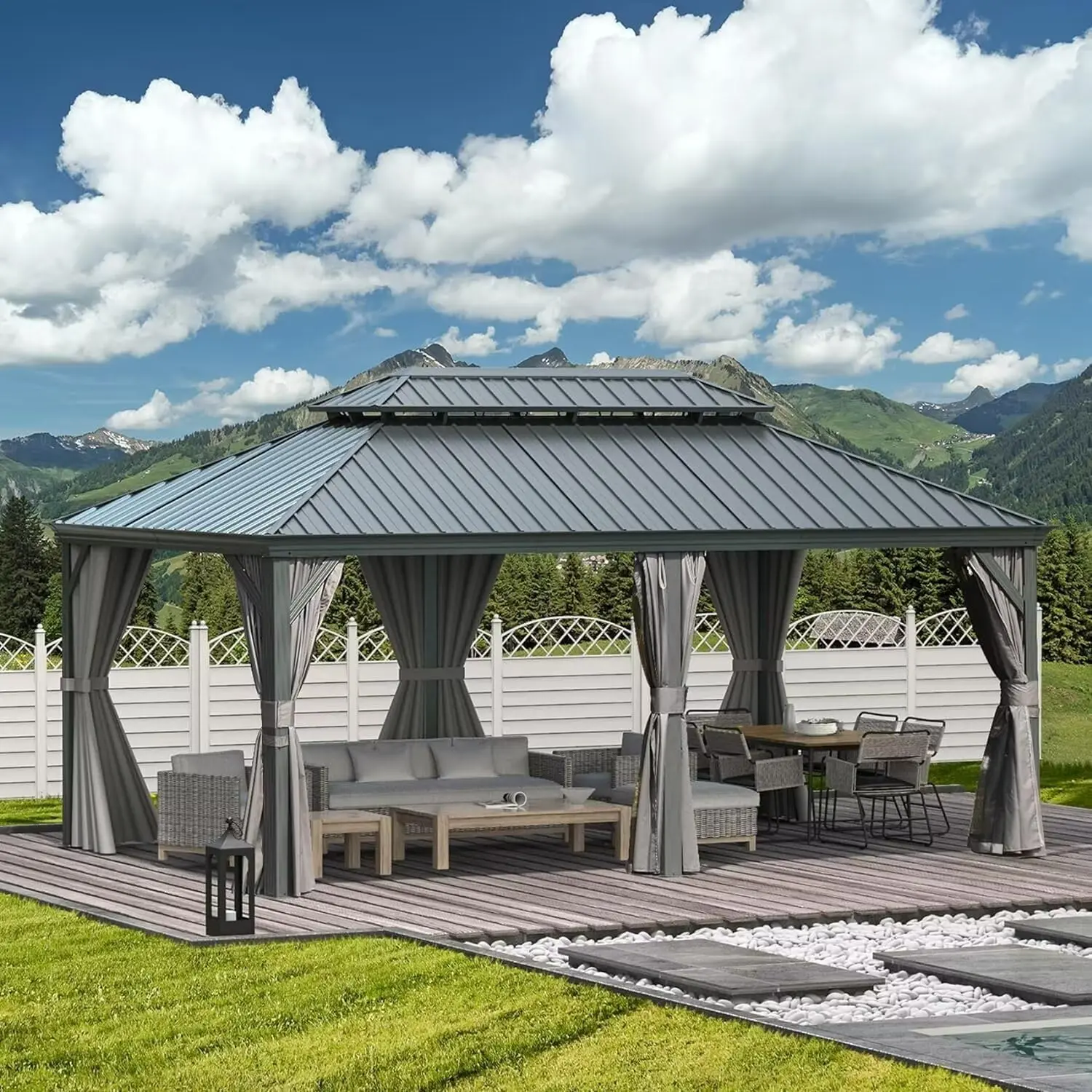 Domi Outdoor Living 12’x20’ Hardtop Gazebo, Wooden Coated Aluminum Frame Canopy with Galvanized Steel Double Roof, Outdoor Permanent Metal Pavilion with Curtains and Netting for Patio, Deck and Lawn