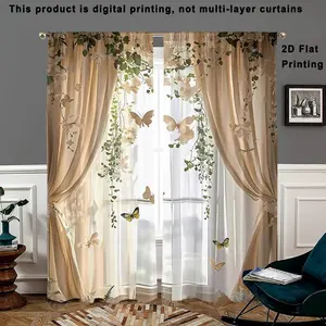2 Pieces Elegant Simulation Printed Curtains, Modern Floral Design, Pole Pocket Style, Semi Sunshade Polyester Fiber, Easy to Clean, Room Decor Curtain, Home Decoration Curtain