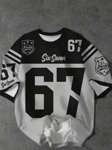 Men's Short Sleeve Jersey with Number 67 Print, Casual Commute Sportswear, Fitted Long Top, Colorblock Style