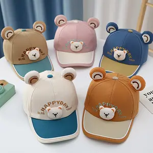 Kids Cartoon Bear Baseball Cap, 1pc, Polyester 100%, Sun Protection, Fitted, Hand Wash/Dry Clean, Thanksgiving Outdoor Sports Travel Hat for Boys & Girls, Ages 1-3, Animal Theme, Woven - Blue