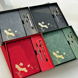 CHINSIKOL Chinese Style Notebook Gift Box Set, Simple Gold Foil Lotus Pattern, Metal Feel Pen + Replacement Refills, Ideal for Students Teachers