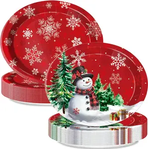 30 PCS Christmas Oval Paper Plates Large 9" x 11" Disposable Serving Platters Snowman & Snowflake Holiday Plates for Xmas Parties Winter Events Festive Table Decor