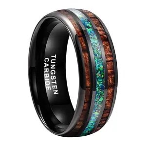 【Durable & Scratch Resistant】Yonifu 8mm Tungsten Carbide Mens Ring Natural Wood Green Opal Inlay Comfort Fit Wedding Band Gift for Him
